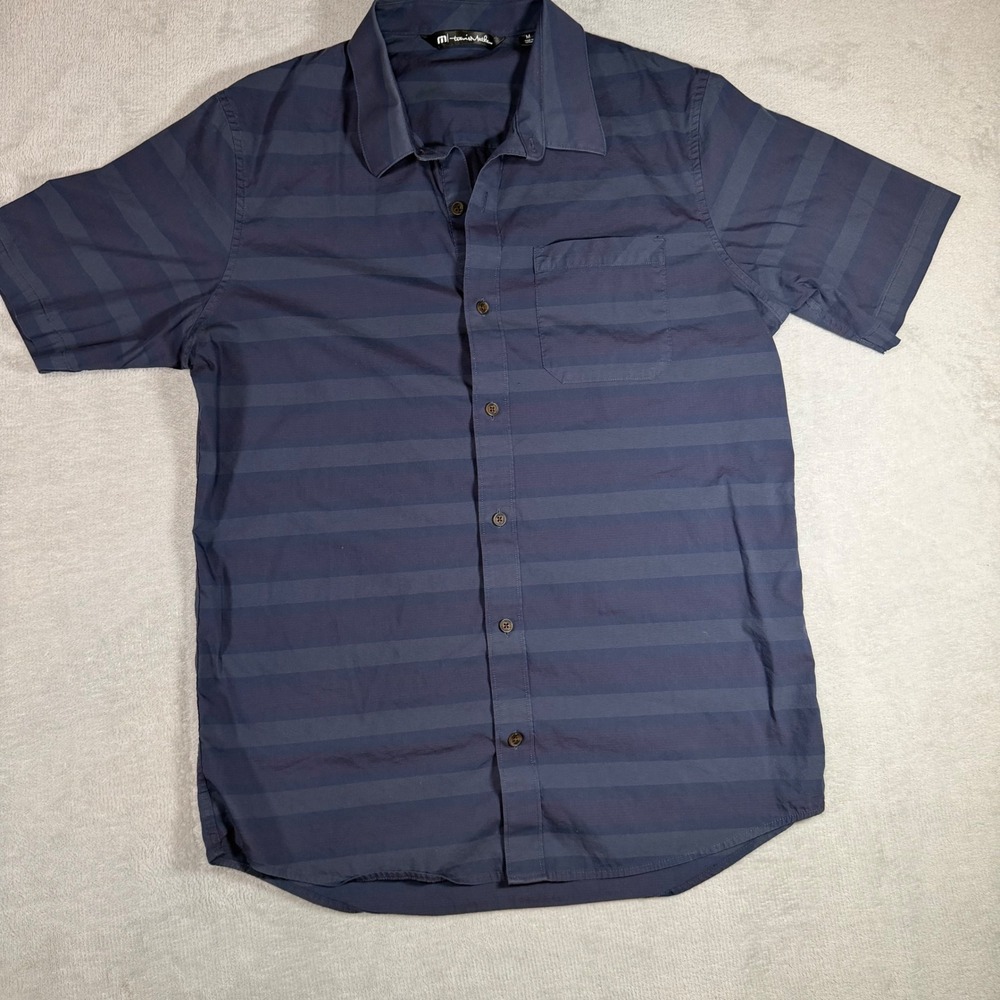 TravisMathew Mens Navy Blue Striped Short Sleeve Button Up Shirt MD Cotton Blend